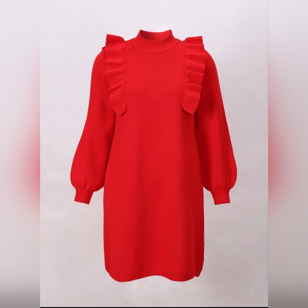 Mock neck ruffle trum lantern sleeve sweater dress red size 8/10